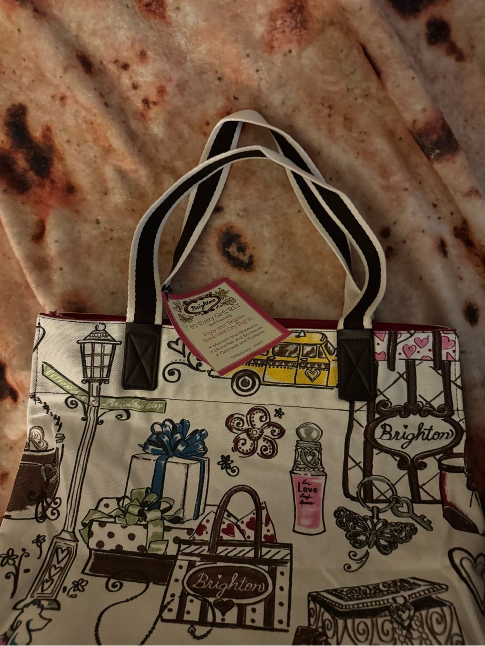 Brighton White Illustrated Canvas Tote Bag with Pink Interior - Picture 3 of 8